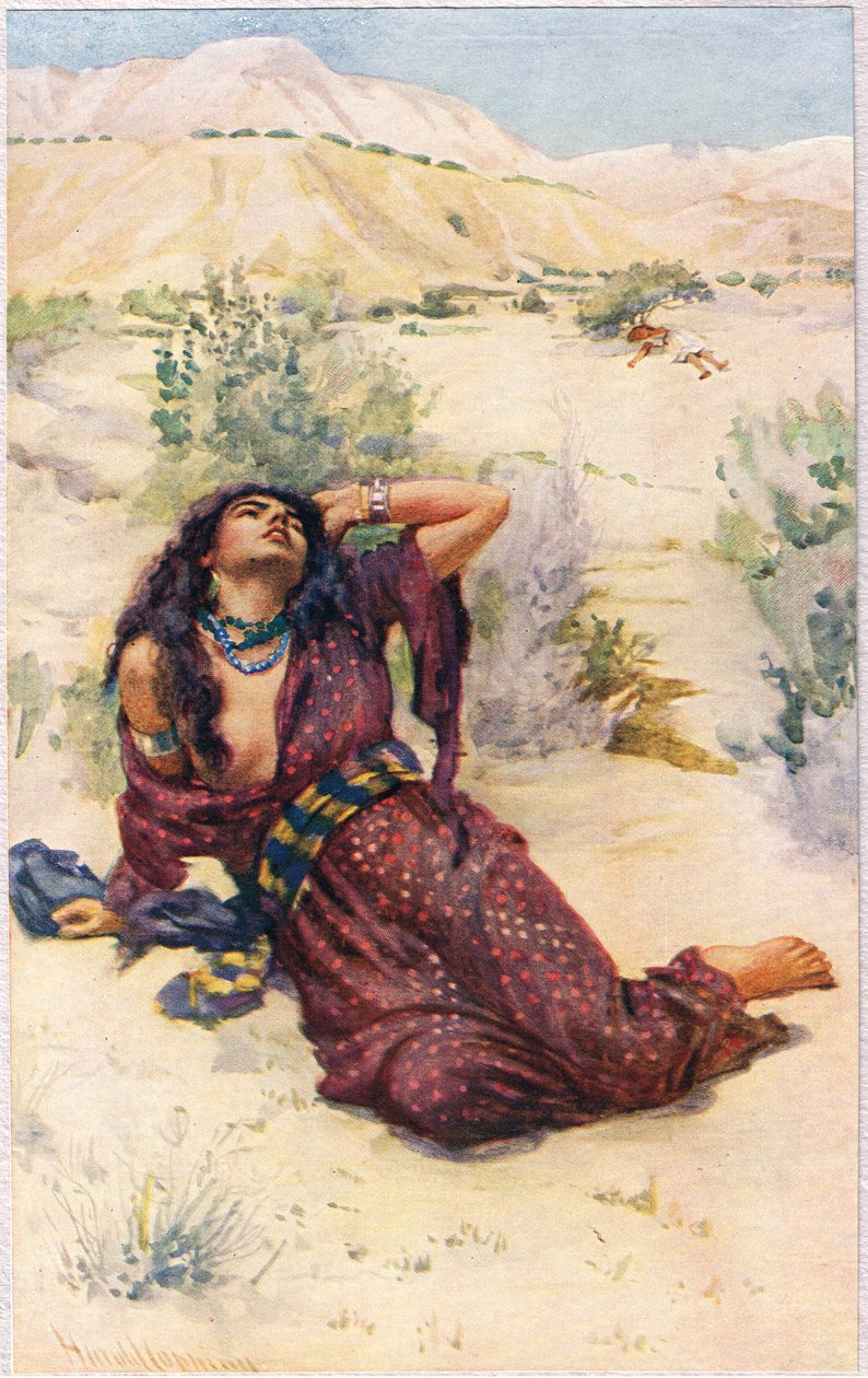 Hagar, ilustracja z książki „Kobiety Biblii”, wydanej przez The Religious Tract Society, 1927 autorstwa Harold Copping