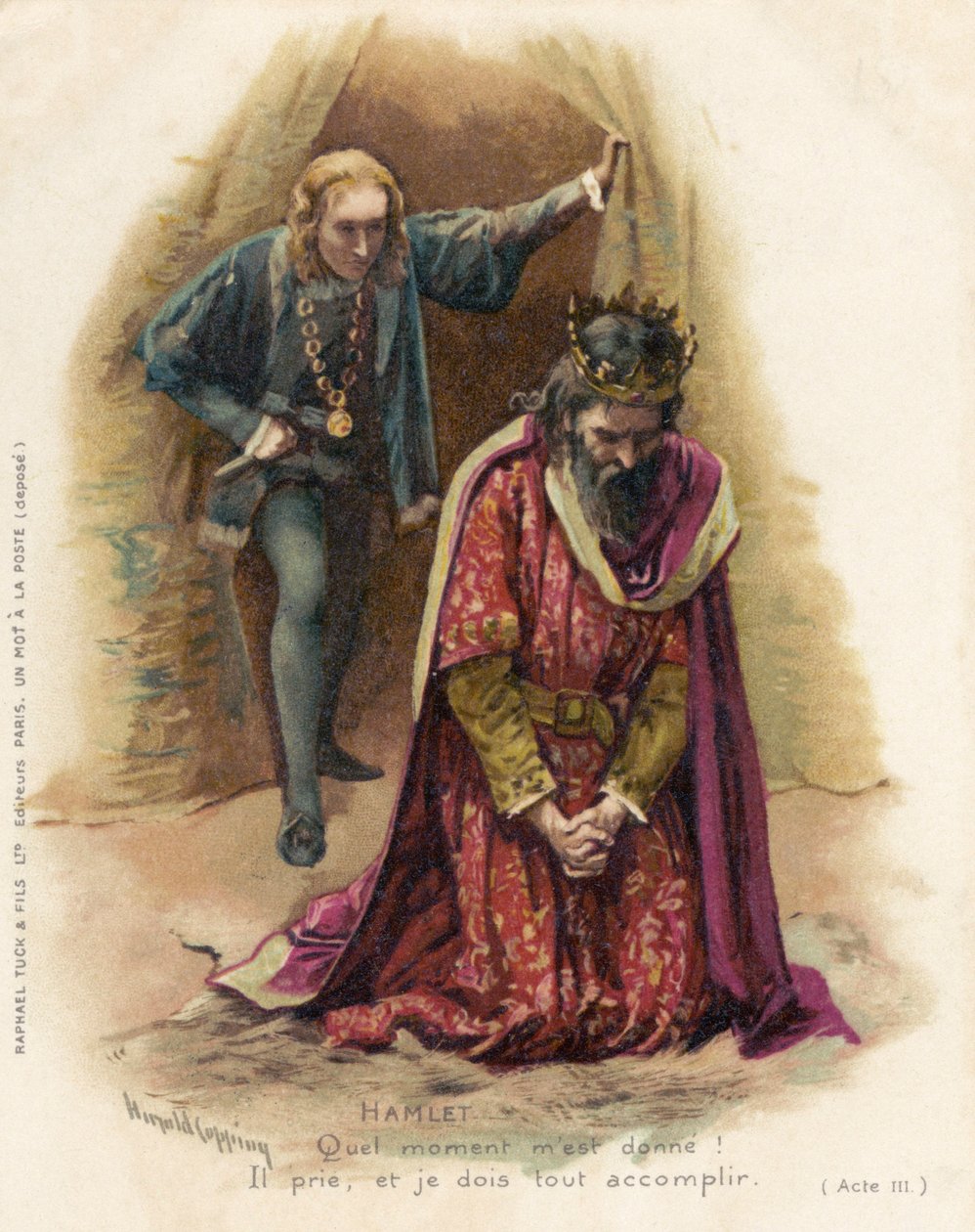 Hamlet konfrontuje się z winnym Klaudiuszem autorstwa Harold Copping
