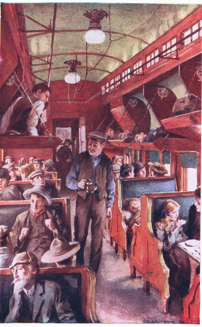 Wnętrze pociągu kanadyjskich emigrantów ok. 1900 r. (kolorowa litografia) autorstwa Harold Copping