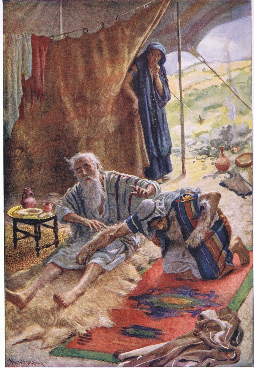 Izaak błogosławi swojego syna Jakuba, ilustracja z serii „Obrazki, które uczą koronę”, 1920 autorstwa Harold Copping