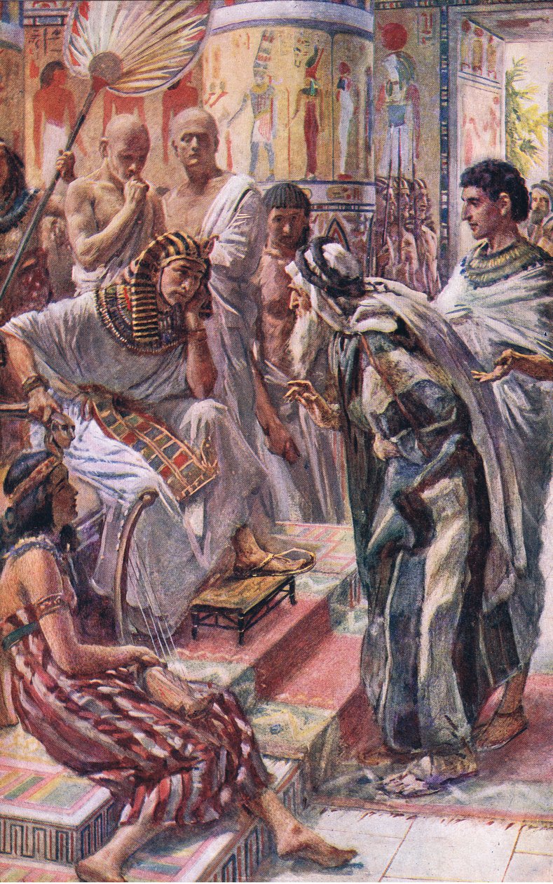 Jakub przed faraonem, ilustracja z serii Obrazki, które uczą koronę, 1920 autorstwa Harold Copping