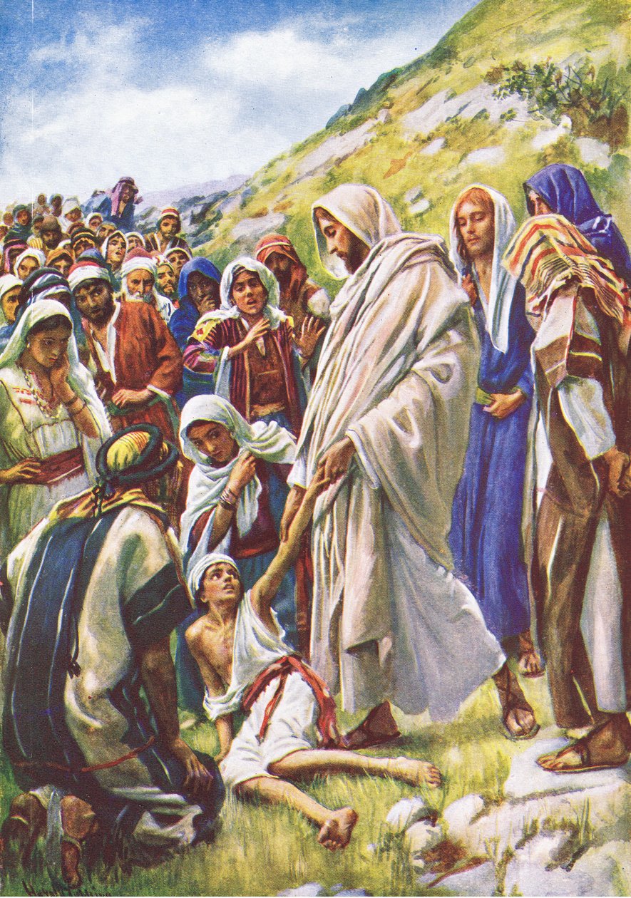 Jezus uzdrawia małego chłopca, ilustracja z Harold Copping Pictures: The Crown Series, ok. 1920 r. autorstwa Harold Copping
