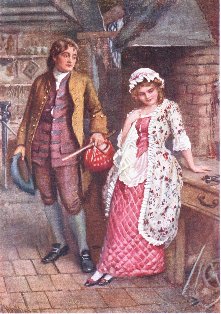 Joe Willet i Dolly Varden, ilustracje do „Szkiców postaci z Dickensa” opracowane przez B.W. Matz autorstwa Harold Copping