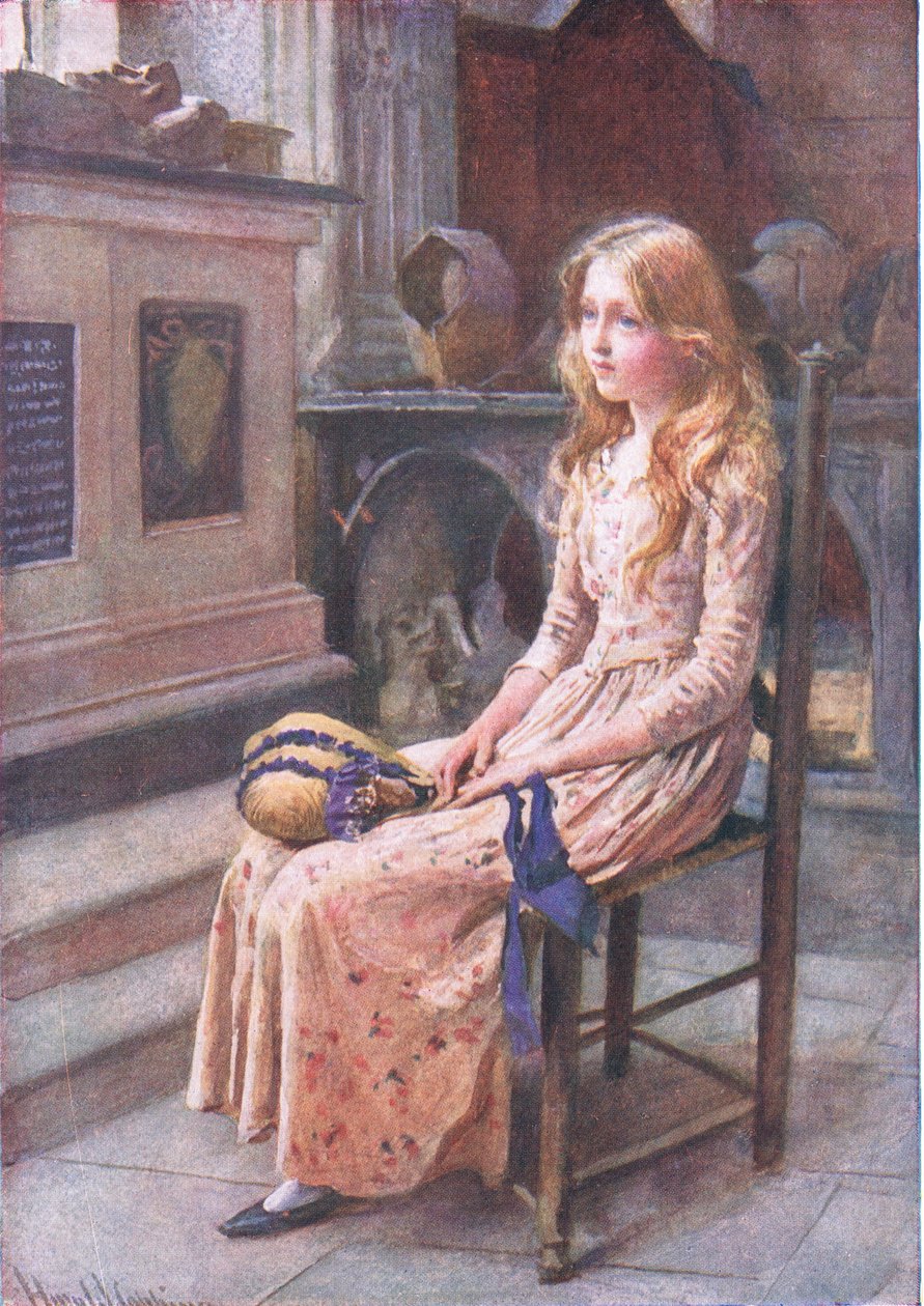 Mała Nell w starym kościele, ilustracje do „Szkiców postaci z Dickensa” opracowanej przez B.W. Matz autorstwa Harold Copping