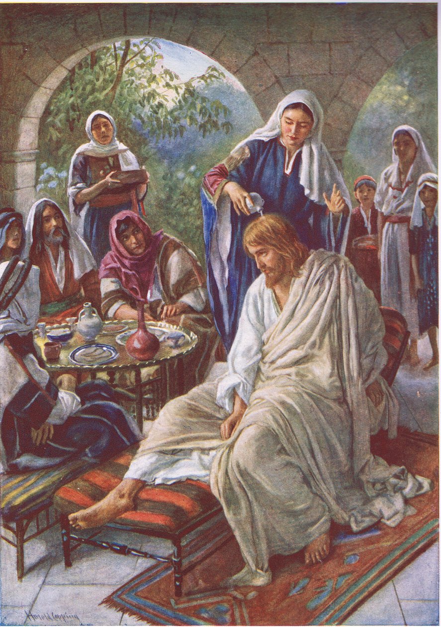 Maryja namaszcza Jezusa, ilustracja z serii Obrazki, które uczą korony, 1920 autorstwa Harold Copping