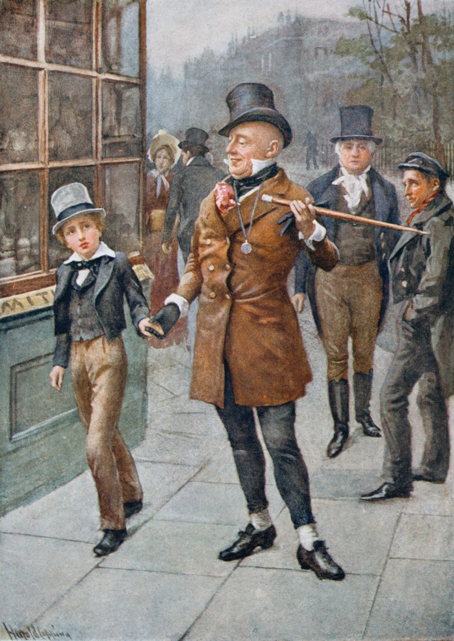 Mr Micawber Conducts David Home, ilustracja z „Character Sketches from Dickens” opracowanej przez B.W. Matz, 1924 autorstwa Harold Copping