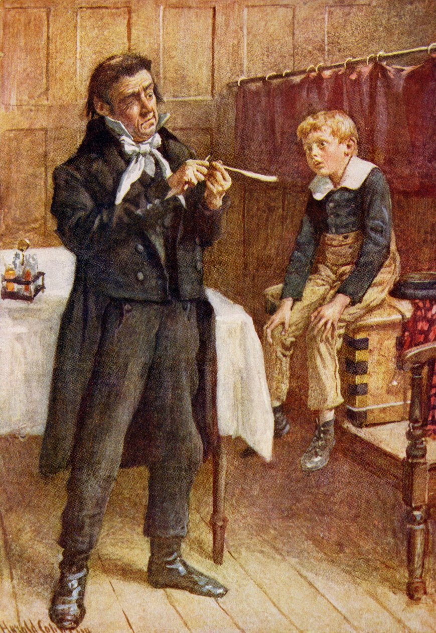 Mr Wackford Squeers and the New Pupil, ilustracja do „Character Sketches from Dickens” opracowanej przez B.W. Matz, 1924 autorstwa Harold Copping