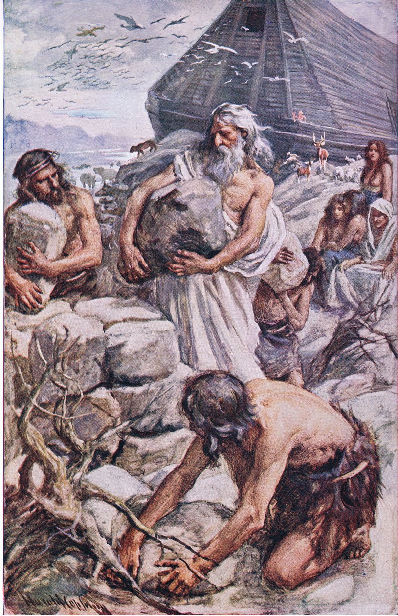 Noe budujący swój ołtarz, ilustracja z serii „Obrazki, które uczą koronę”, 1920 autorstwa Harold Copping