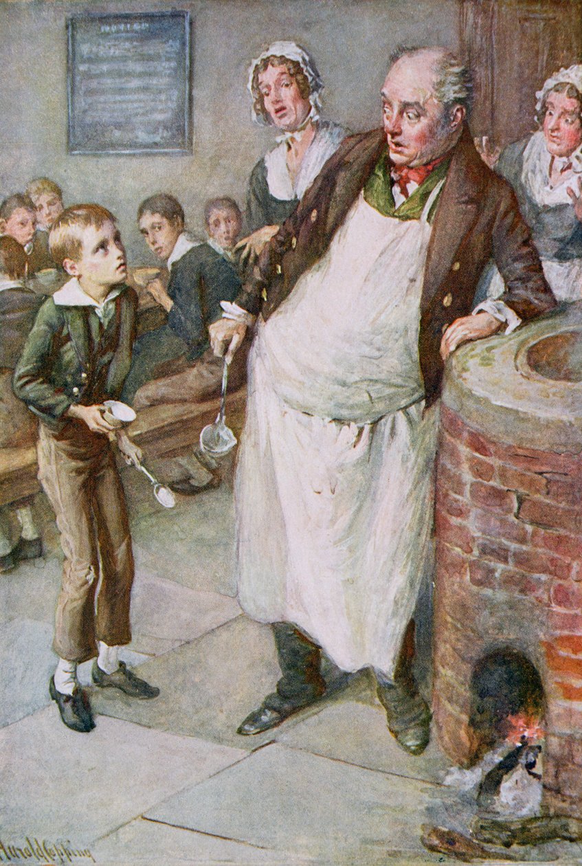 Oliver Asks for More, ilustracja do "Character Sketches from Dickens", opracowanie B.W. Matz autorstwa Harold Copping