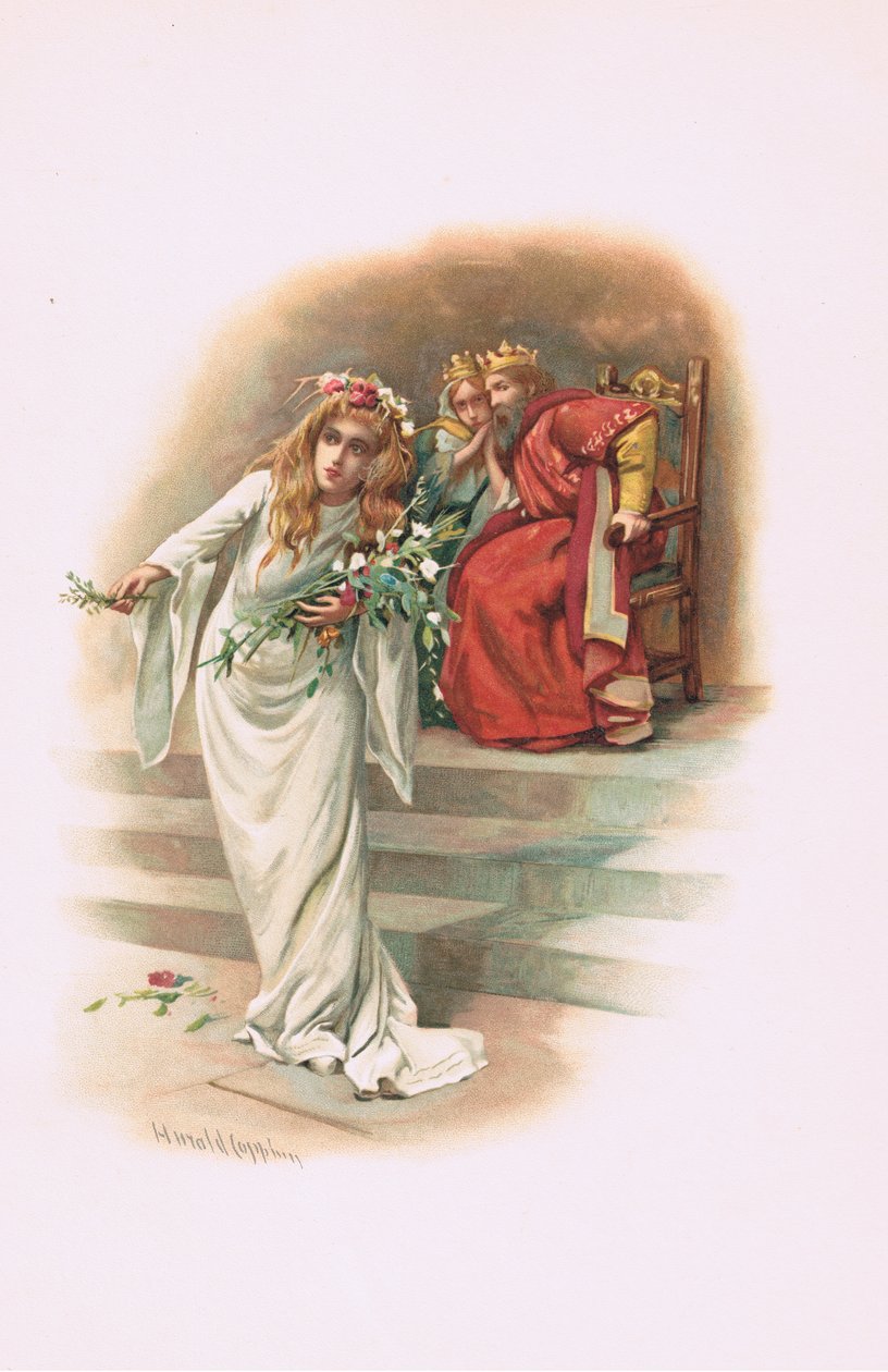Ofelia z królem i królową, ilustracja z Hamlet autorstwa Harold Copping