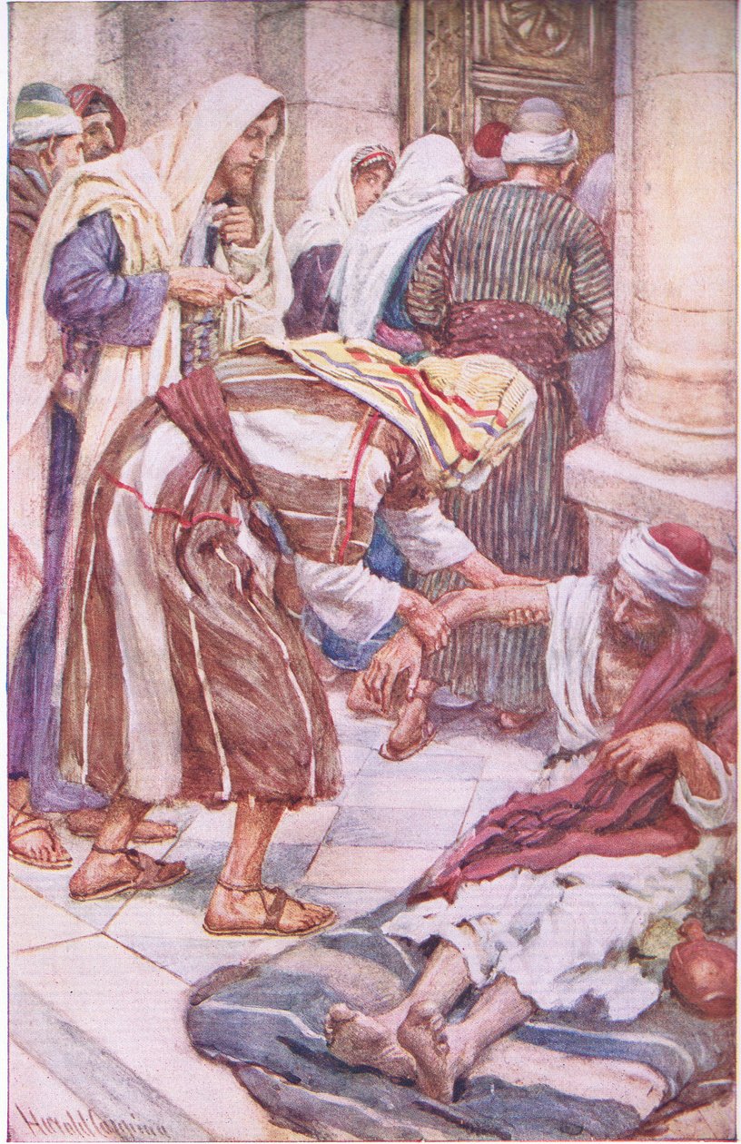 Piotr i Jakub przy pięknej bramie, ilustracja z serii „Obrazki, które uczą koronę”, 1920 autorstwa Harold Copping
