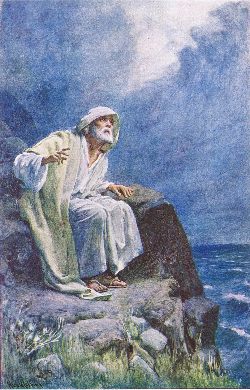 St John na wyspie Patmos, ilustracja z filmu Harold Copping Pictures: The Crown Series, ok. 1920 autorstwa Harold Copping