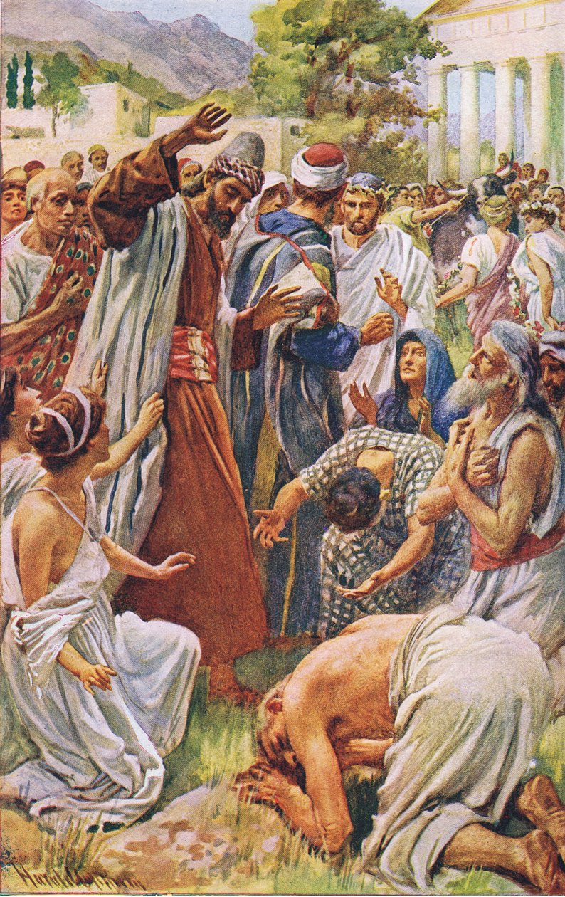 Św. Paweł w Listrze, ilustracja z Harold Copping Pictures: The Crown Series, ok. 1920 r. autorstwa Harold Copping
