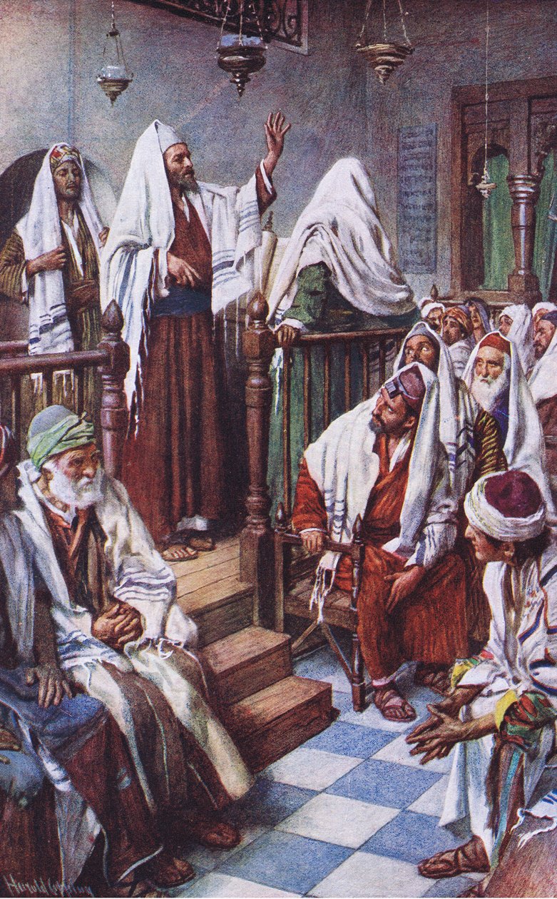 Św. Paweł nauczający w synagodze w Antiochii, ilustracja z Harold Copping Pictures: The Crown Series, ok. 1920 autorstwa Harold Copping