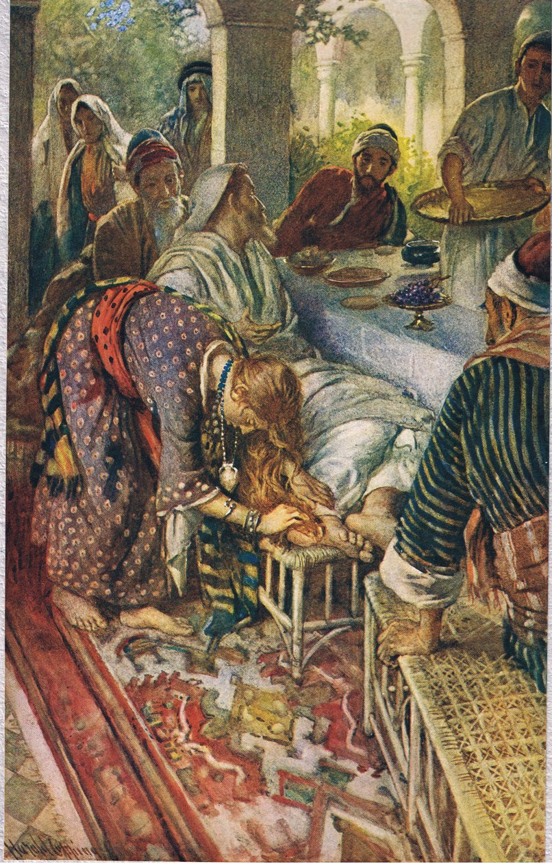 Kobieta z pudełkiem maści, ilustracja z książki „Kobiety biblijne”, wydanej przez The Religious Tract Society, 1927 autorstwa Harold Copping