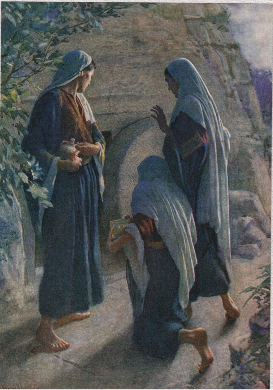 Kobiety przy grobie, ilustracja z książki „Kobiety Biblii”, wydanej przez The Religious Tract Society autorstwa Harold Copping