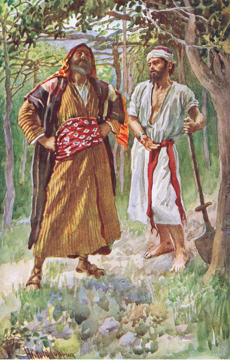 Jałowe drzewo figowe, ilustracja z Harold Copping Pictures: The Crown Series, ok. 1920 r. autorstwa Harold Copping