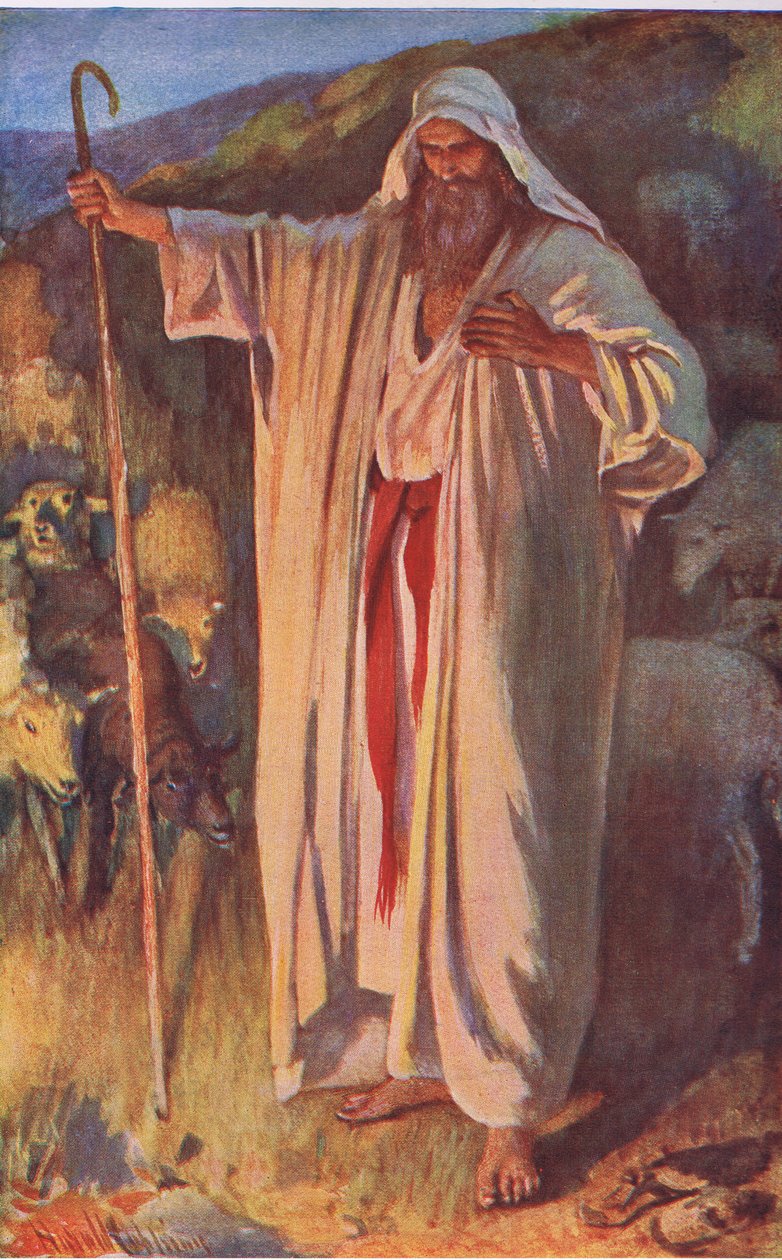 Płonący krzew, ilustracja z serialu „Obrazki, które uczą korony”, 1920 autorstwa Harold Copping
