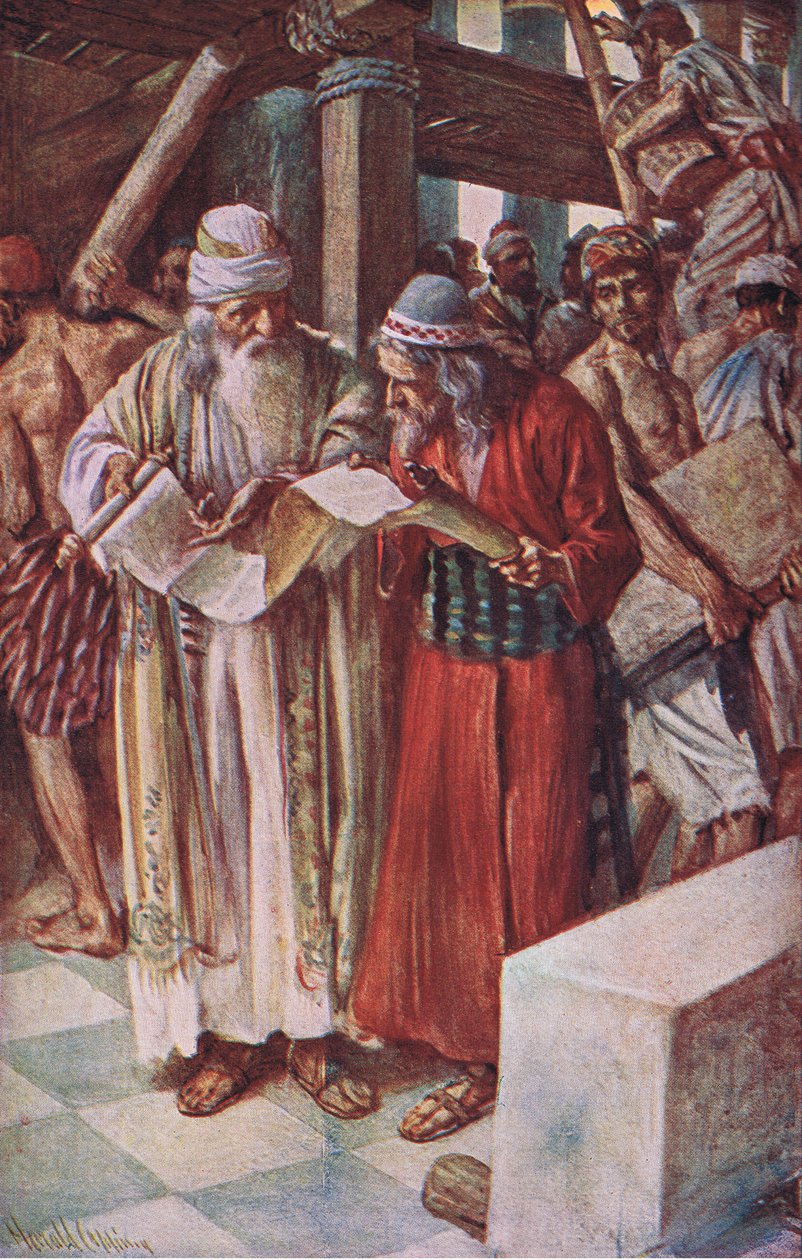 Odkrycie księgi, ilustracja z serii "Obrazki, które uczą koronę", 1920 autorstwa Harold Copping