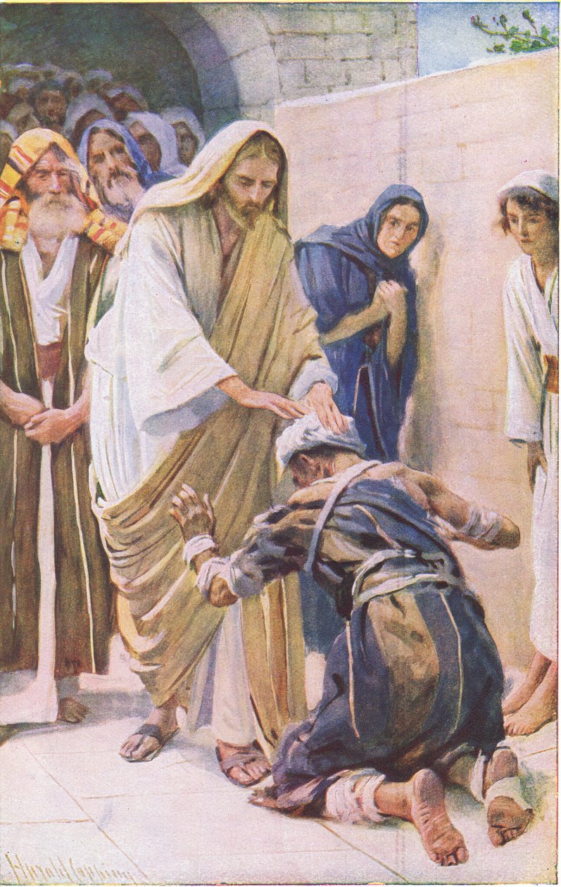 Uzdrowienie trędowatego, ilustracja z Harold Copping Pictures: The Crown Series, ok. 1920 r. autorstwa Harold Copping