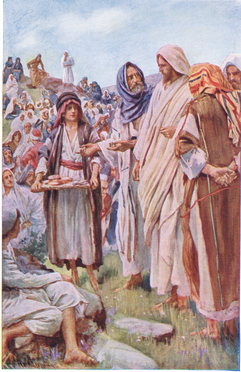 Bochenki i ryby, ilustracja z Harold Copping Pictures: The Crown Series, ok. 1920 r. autorstwa Harold Copping