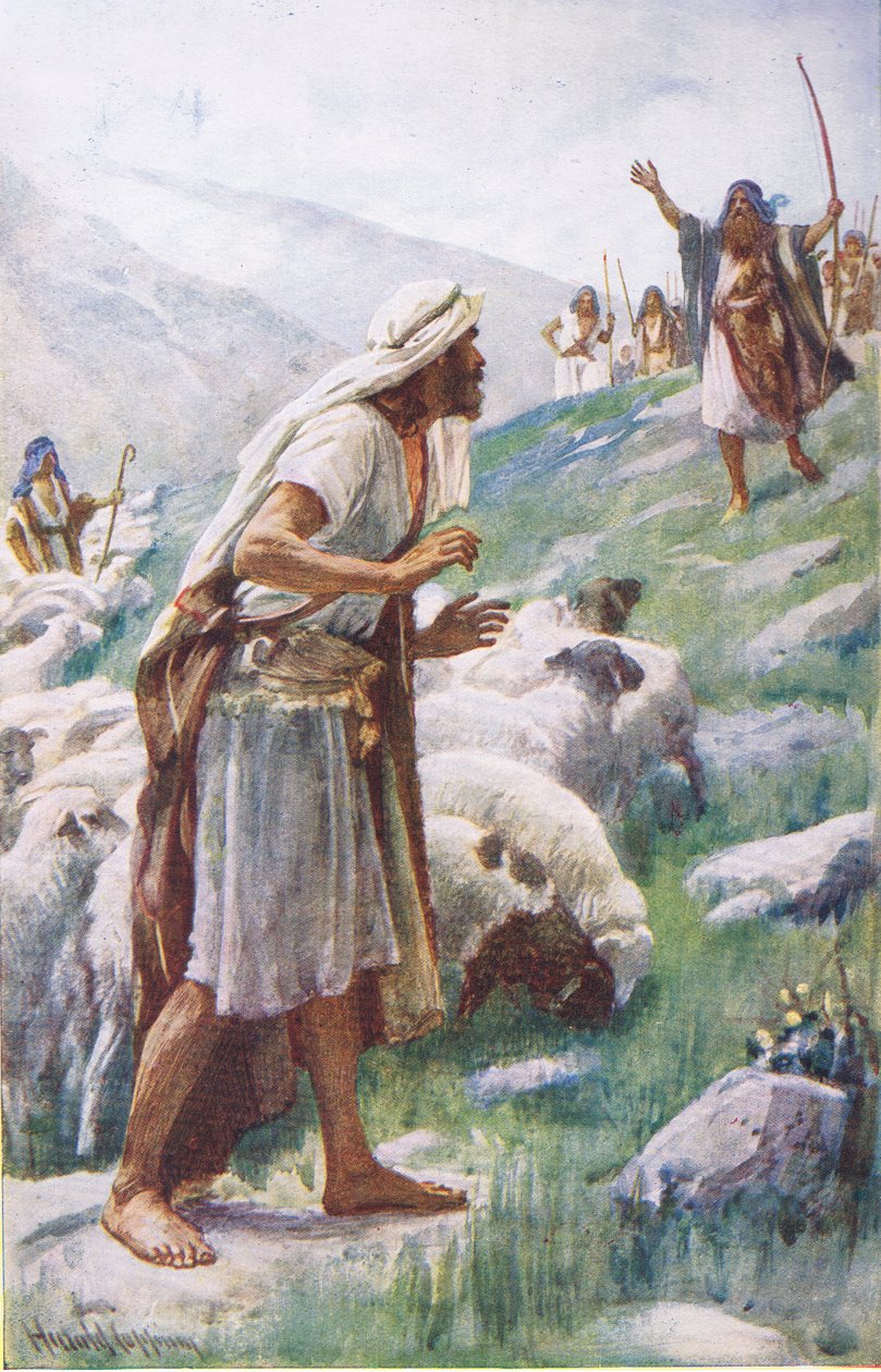 Spotkanie Jakuba i Ezawa, ilustracja z serii „Obrazki, które uczą korony” autorstwa Harold Copping