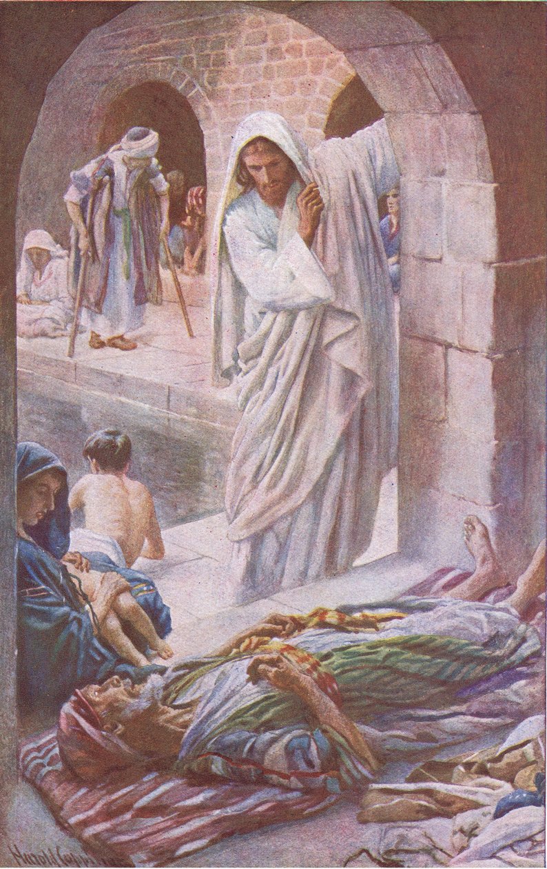 Basen Bethesdy, ilustracja z Harold Copping Pictures: The Crown Series, ok. 1920 r. autorstwa Harold Copping