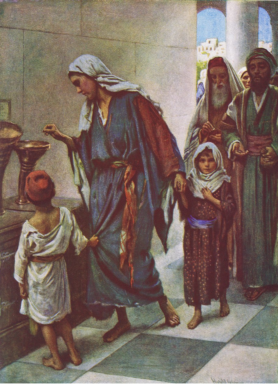 Dar biednej kobiety, ilustracja z Harold Copping Pictures: The Crown Series, ok. 1920 autorstwa Harold Copping