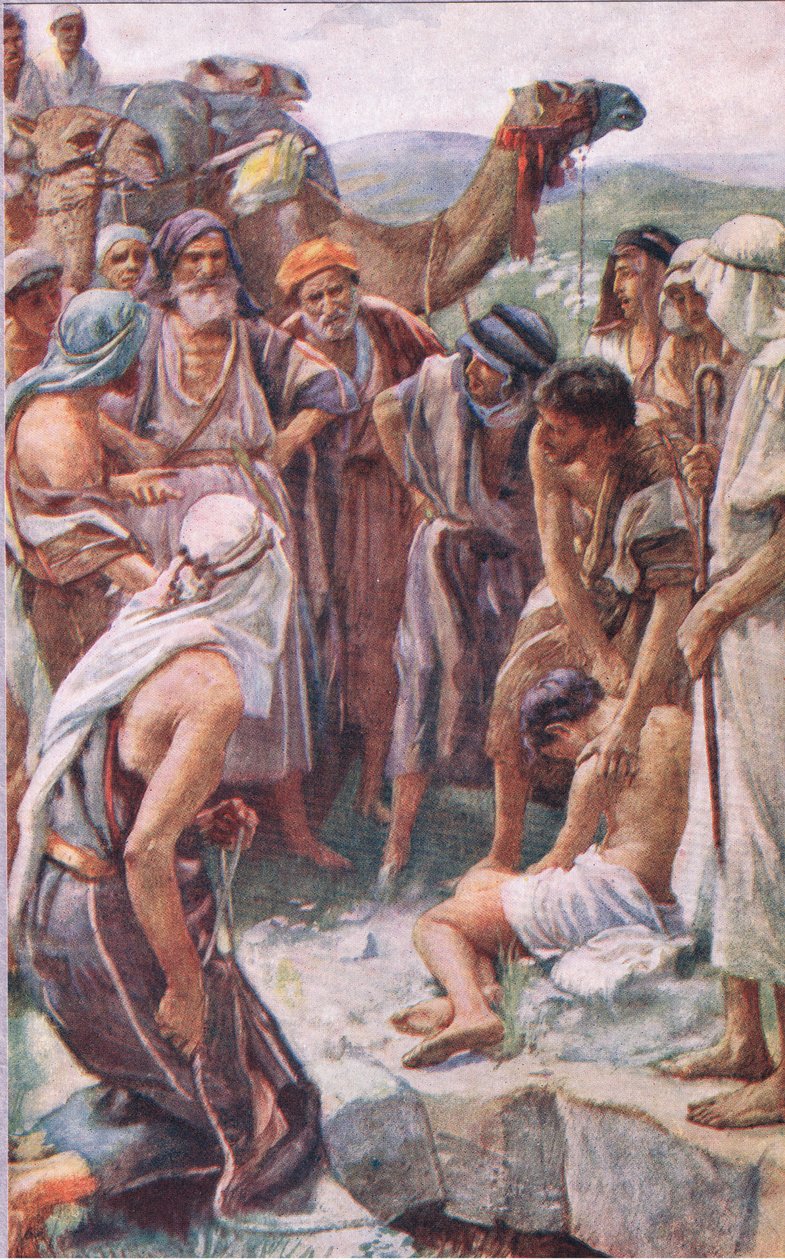 Sprzedaż Józefa, ilustracja z serialu „Obrazki, które uczą korony”, 1920 autorstwa Harold Copping
