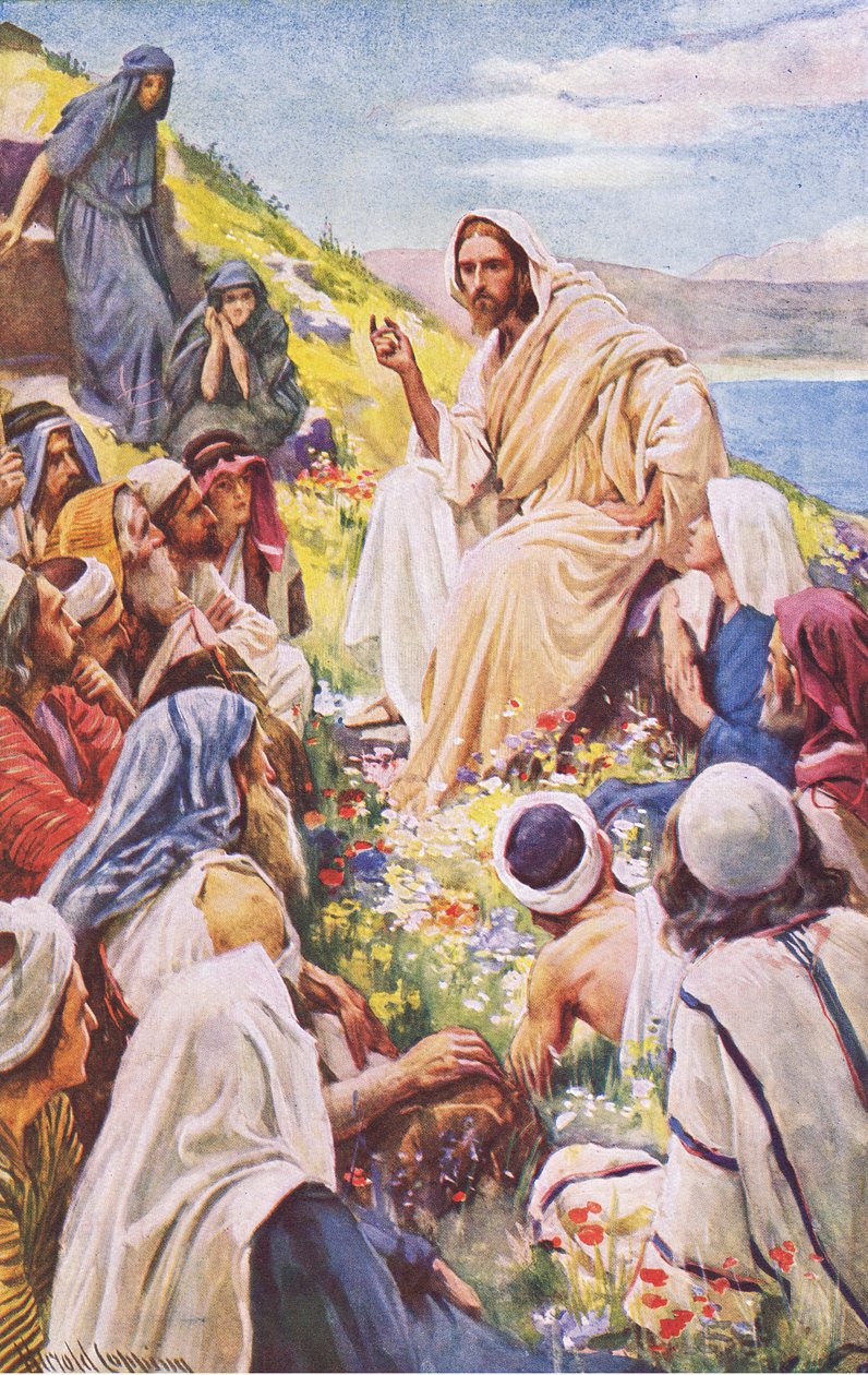 Kazanie na górze, ilustracja z Harold Copping Pictures: The Crown Series, ok. 1920 r. autorstwa Harold Copping