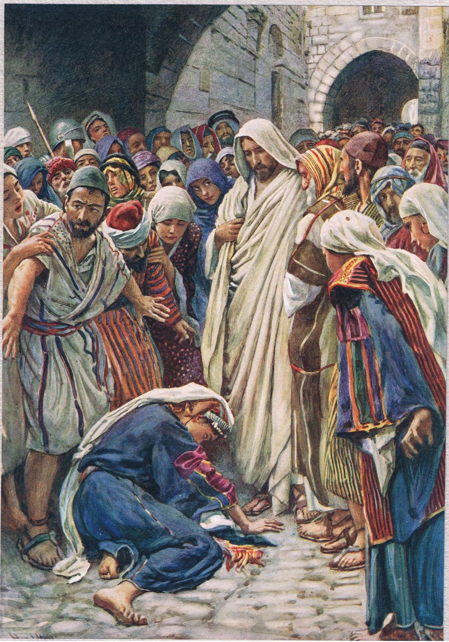 Kobieta, która dotknęła rąbka jego szaty, ilustracja z książki „Kobiety biblijne”, wydanej przez The Religious Tract Society autorstwa Harold Copping