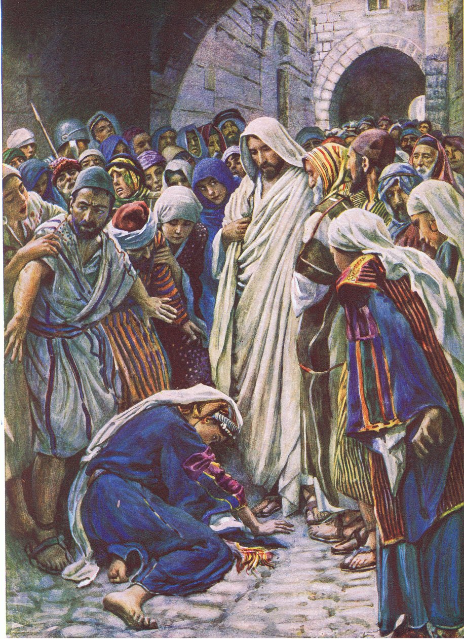 Kobieta, która dotknęła rąbka ubrania, ilustracja z „Harold Copping Pictures: The Crown Series”, ok. 1920 (kolor lito) autorstwa Harold Copping