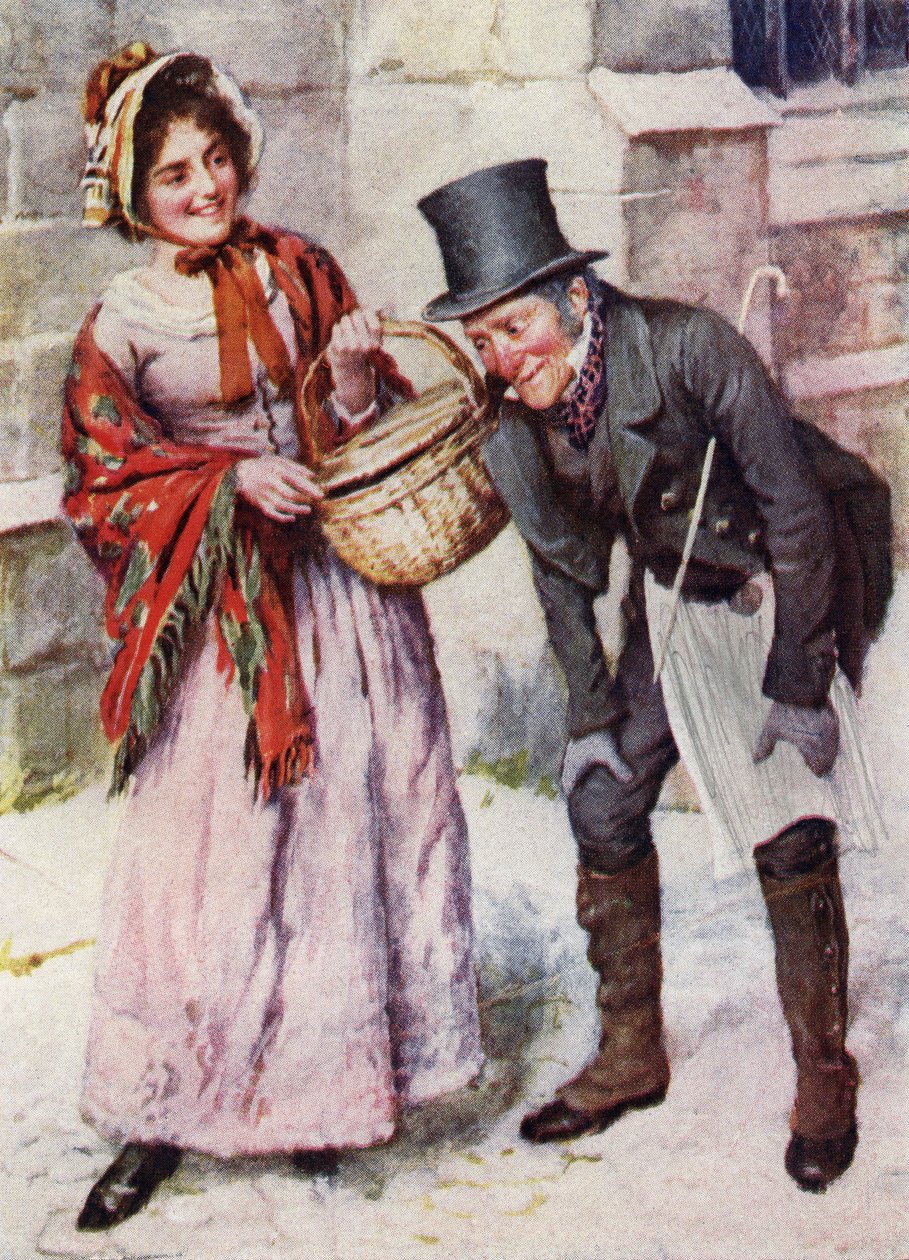 Trotty Veck i jego córka Meg z filmu „Trotty Veck i Oliver Twist” (druk) autorstwa Harold Copping
