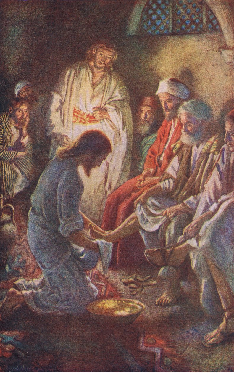 Mycie nóg uczniom, ilustracja z Harold Copping Pictures: The Crown Series, ok. 1920 r. autorstwa Harold Copping