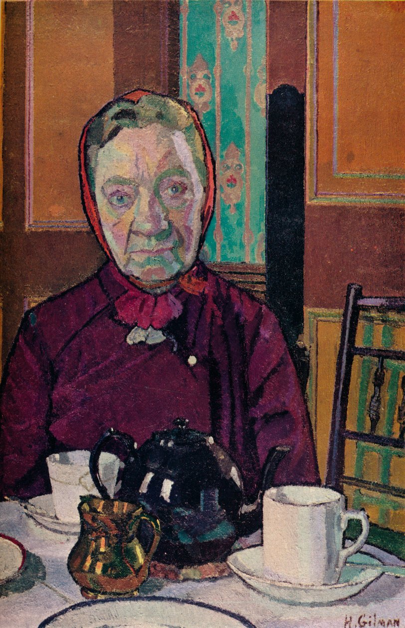 Pani Mounter przy śniadaniowym stole, 1916-17 autorstwa Harold Gilman