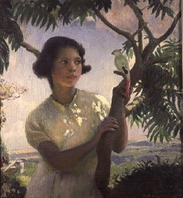 Dziewczyna z papugą zabawką autorstwa Harold Harvey