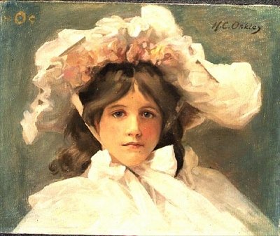 Dziewczyna w edwardiańskim czepcu (olej na płótnie) autorstwa Harold Oakley