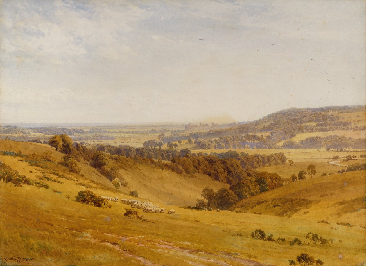 Widok z daleka na zamek Arundel (ołówek i akwarela) autorstwa Harold Sutton Palmer