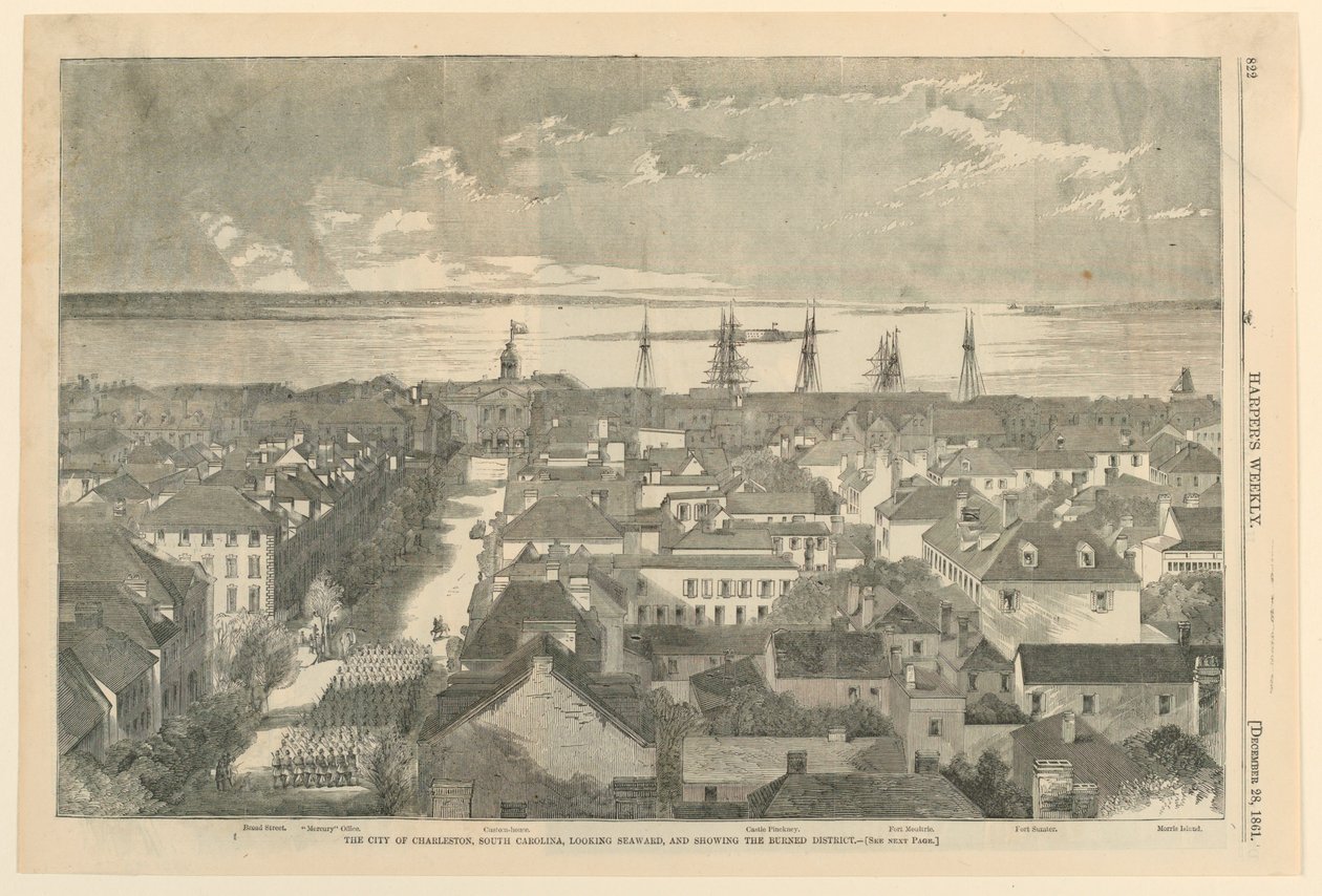 Miasto Charleston w Południowej Karolinie, Patrząc w stronę morza i pokazując spaloną dzielnicę, z Harper