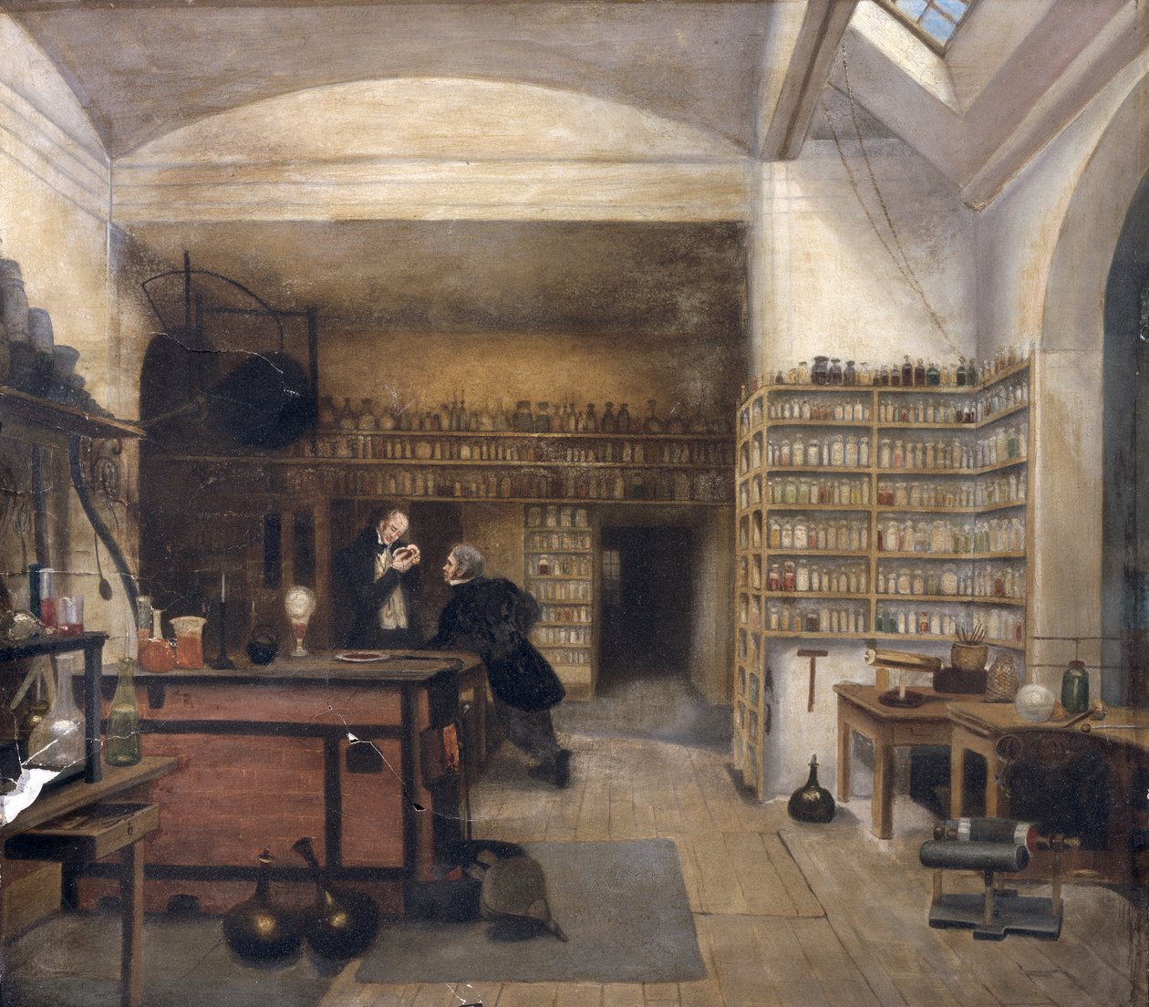 Michael Faraday (1791-1867) w swoim laboratorium w piwnicy, 1852 autorstwa Harriet Jane Moore