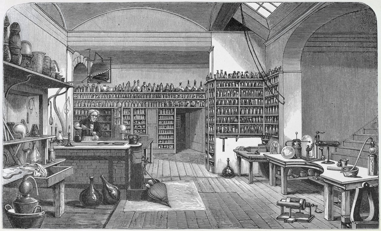 Michael Faraday (1791-1867) w swoim laboratorium w piwnicy, z książki Henry