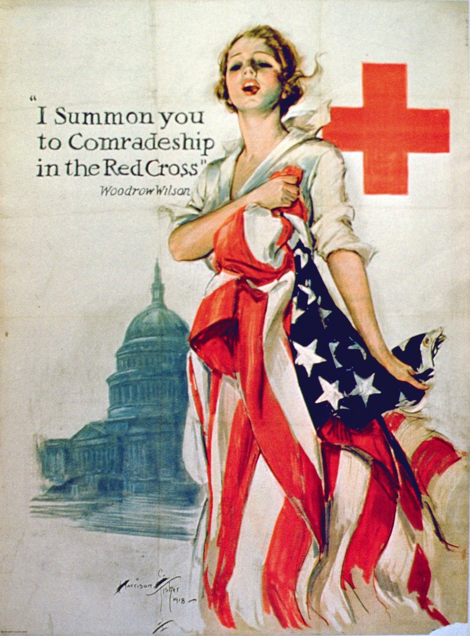 „Wzywam cię do towarzysza w Czerwonym Krzyżu”, plakat z I wojny światowej, 1918 r. autorstwa Harrison Fisher