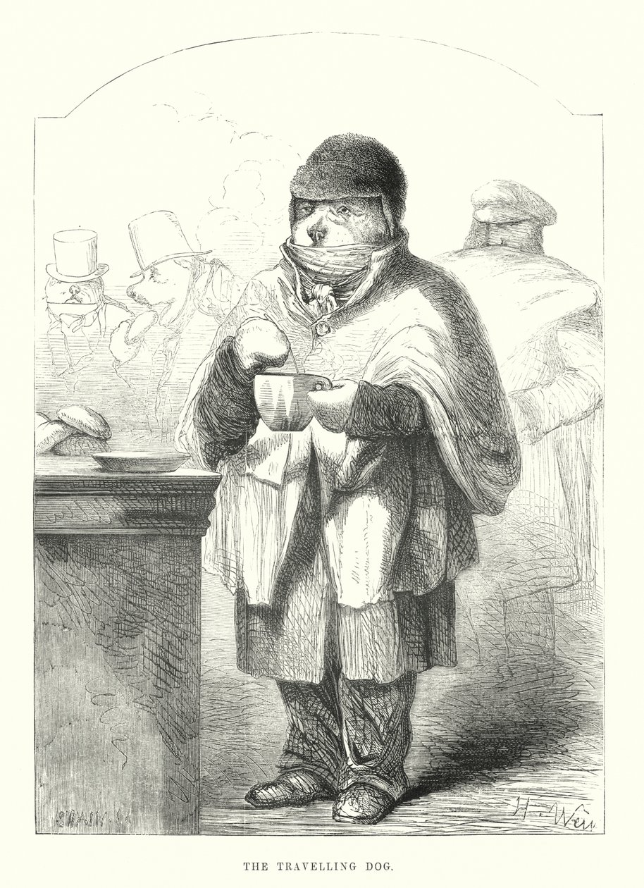 Zabawne psy: Pies podróżnik (grawerunek) autorstwa Harrison William Weir