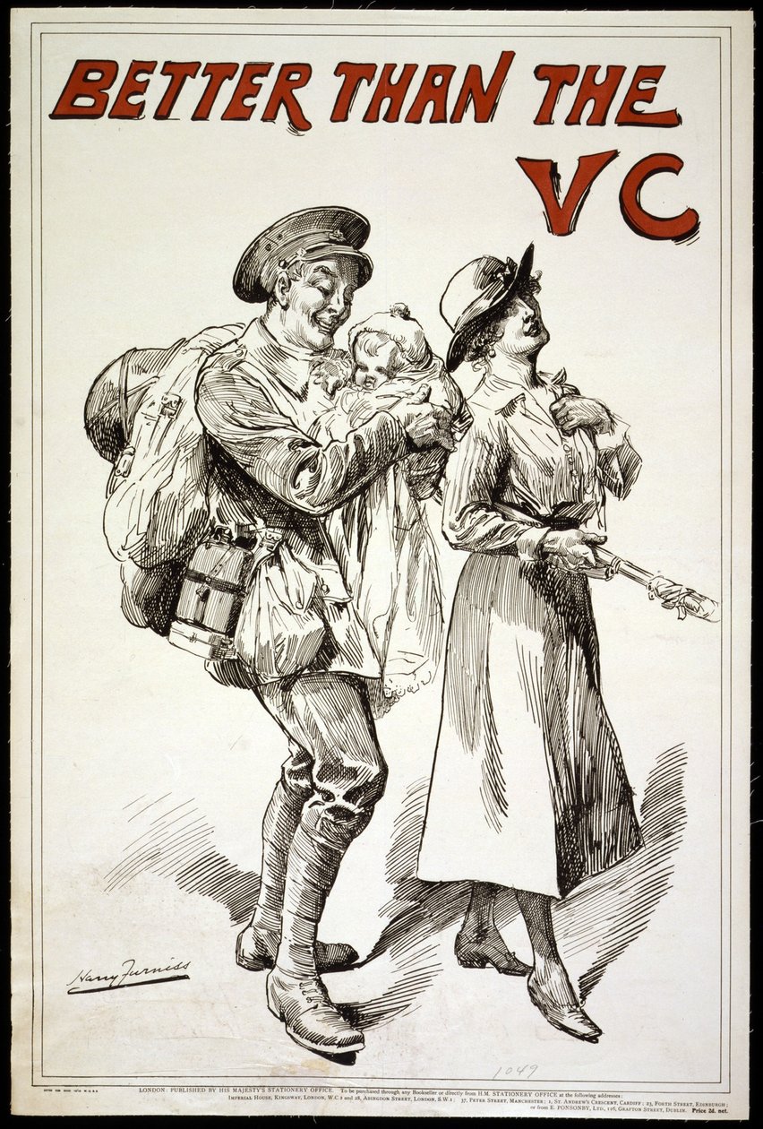 Lepiej niż VC. (np. Victoria Cross) – Plakat przedstawiający żołnierza trzymającego dziecko, który podąża za żoną.1918 autorstwa Harry Furniss