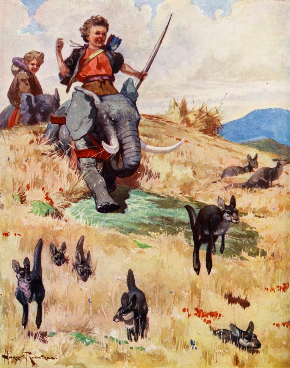 Polowanie na kangury (kolorowa litografia) autorstwa Harry (1878-1950) Rountree
