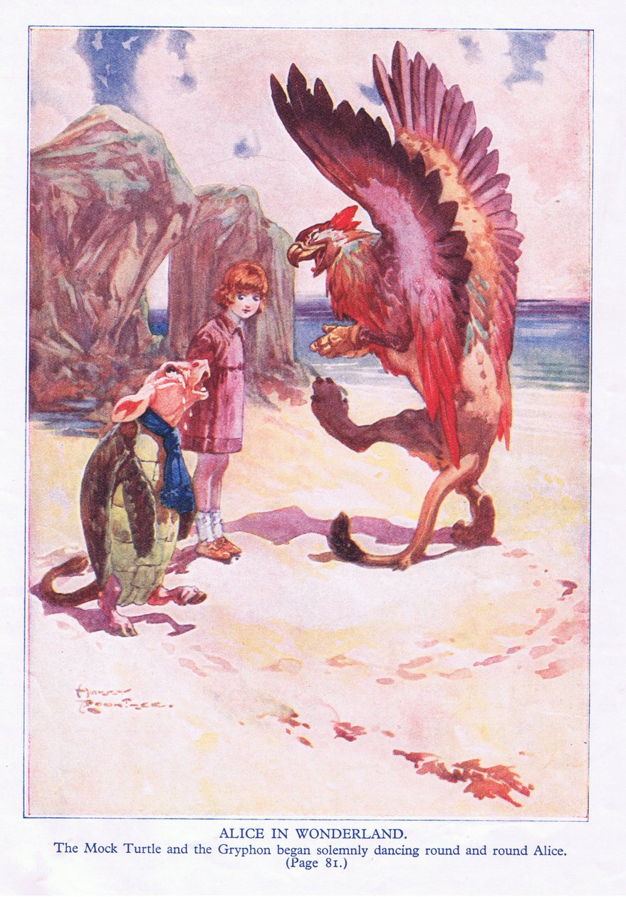 Niby żółw i Gryphon zaczęli uroczyście stawać twarzą w twarz z Alice (kolor lito) autorstwa Harry Rountree