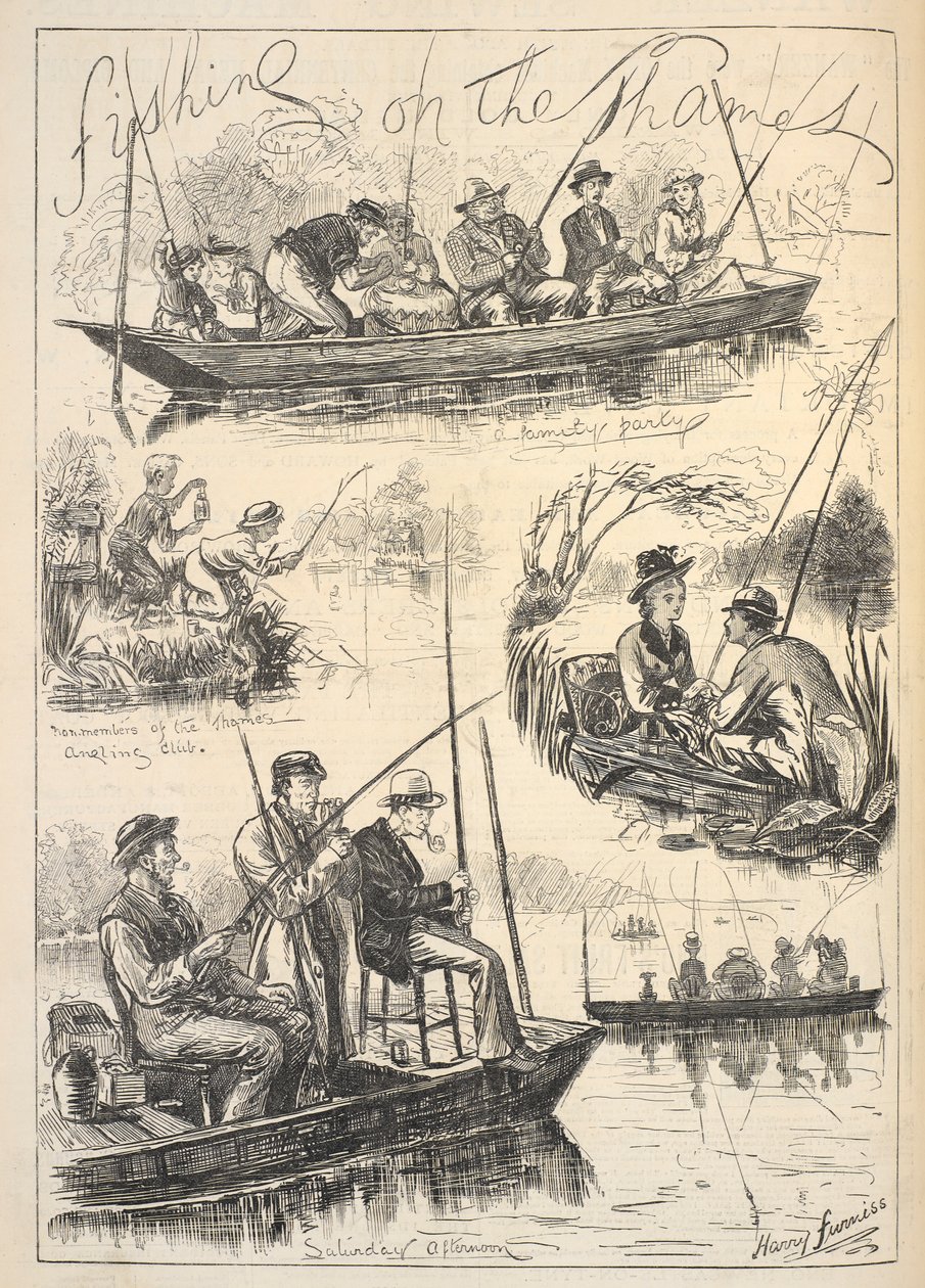 „Wędkowanie na Tamizie”, pierwsza strona „Ilustrowanych wiadomości sportowych i dramatycznych”, 28 października 1876 r. (lito) autorstwa Harry (after) Furniss