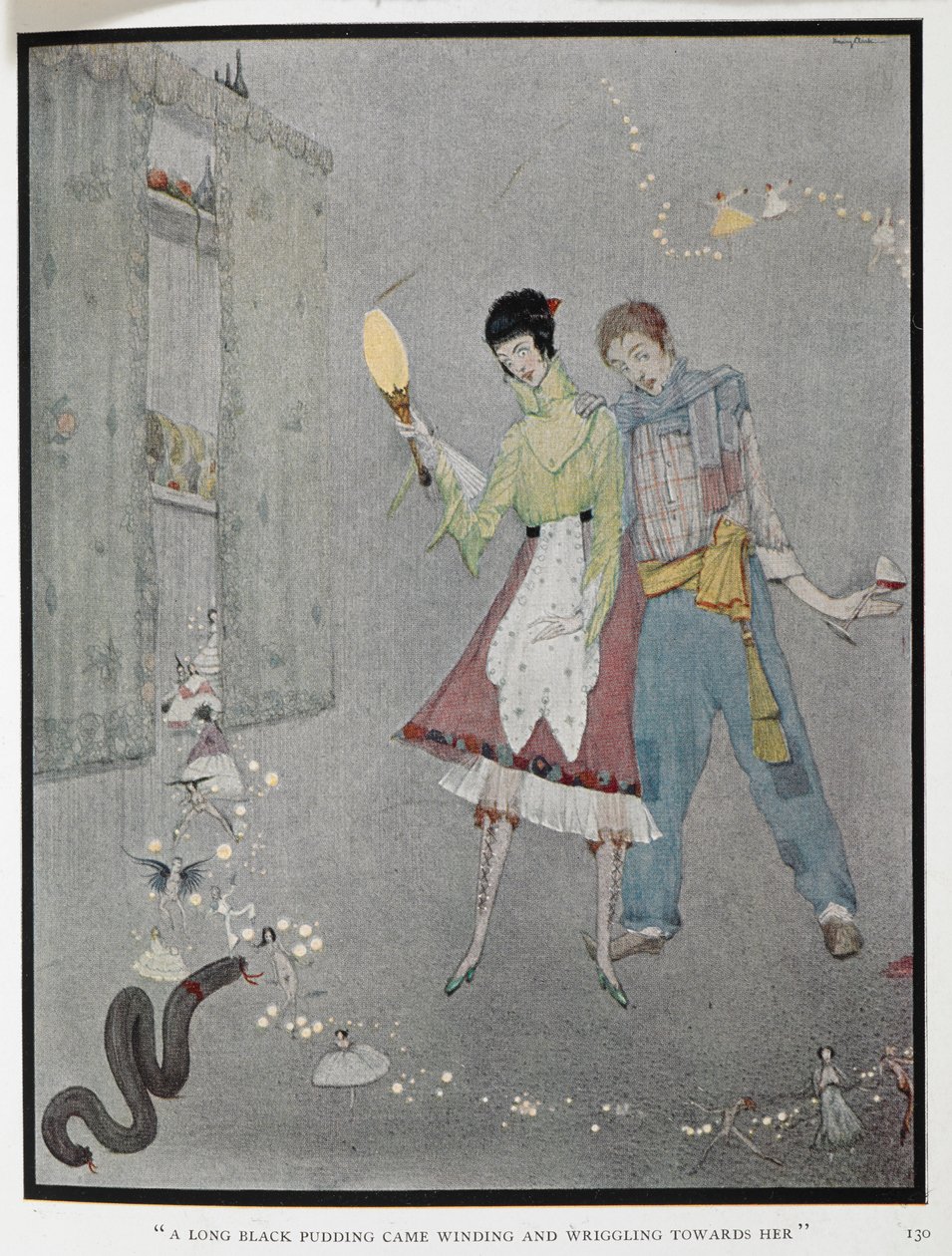 „Długa kaszanka leciała wijąc się w jej stronę.” Ilustracja do opowiadania „Śmieszne życzenia”. Harry, drwal i jego żona Fanny, właśnie przez pomyłkę złożyli życzenie. autorstwa Harry Clarke