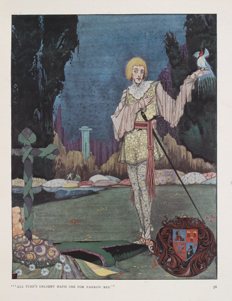 „Cały czas zachwyca się wąską czerwienią”. Ilustracja do pieśni szalonego księcia Waltera de la Mare. autorstwa Harry Clarke