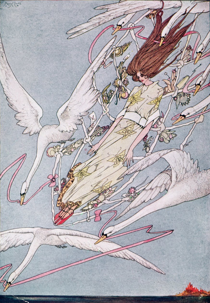 „I cały dzień, w którym lecieli naprzód”, ilustracja z filmu „Dzikie łabędzie” Hansa Christiana Andersena autorstwa Harry Clarke